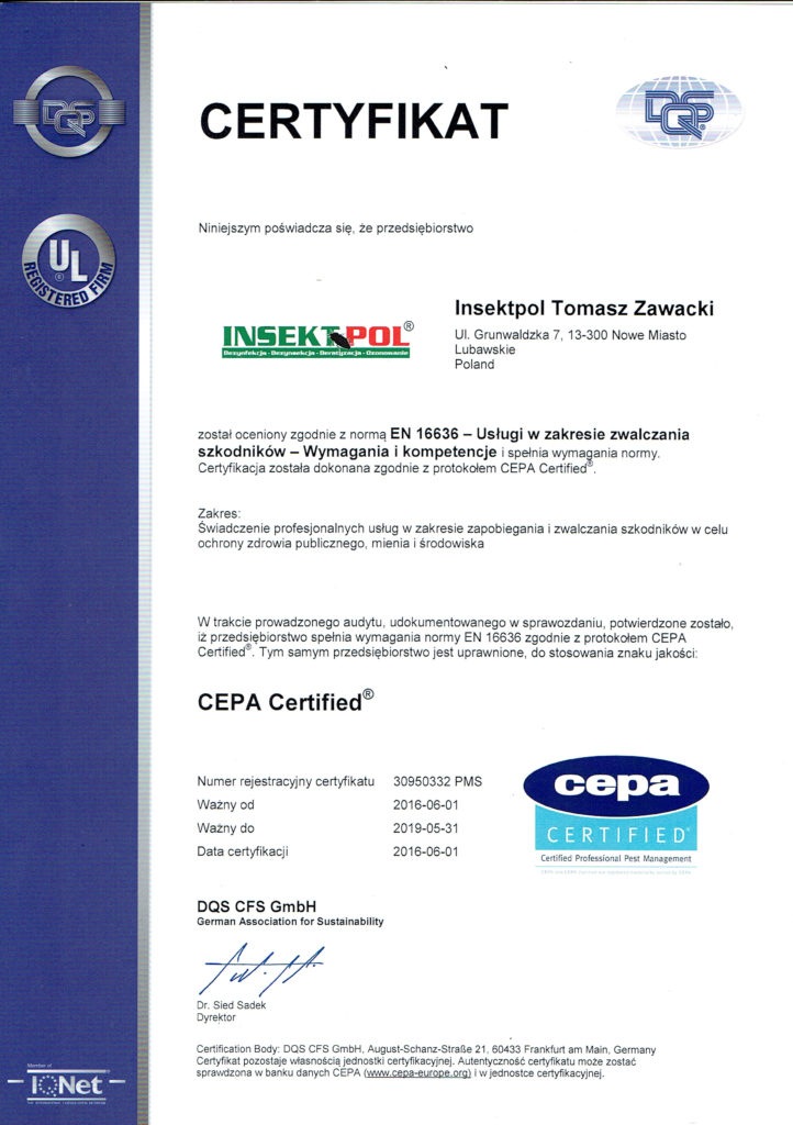 CEPA Certified EN 16636 - Usługi w zakresie zwalczania szkodników
