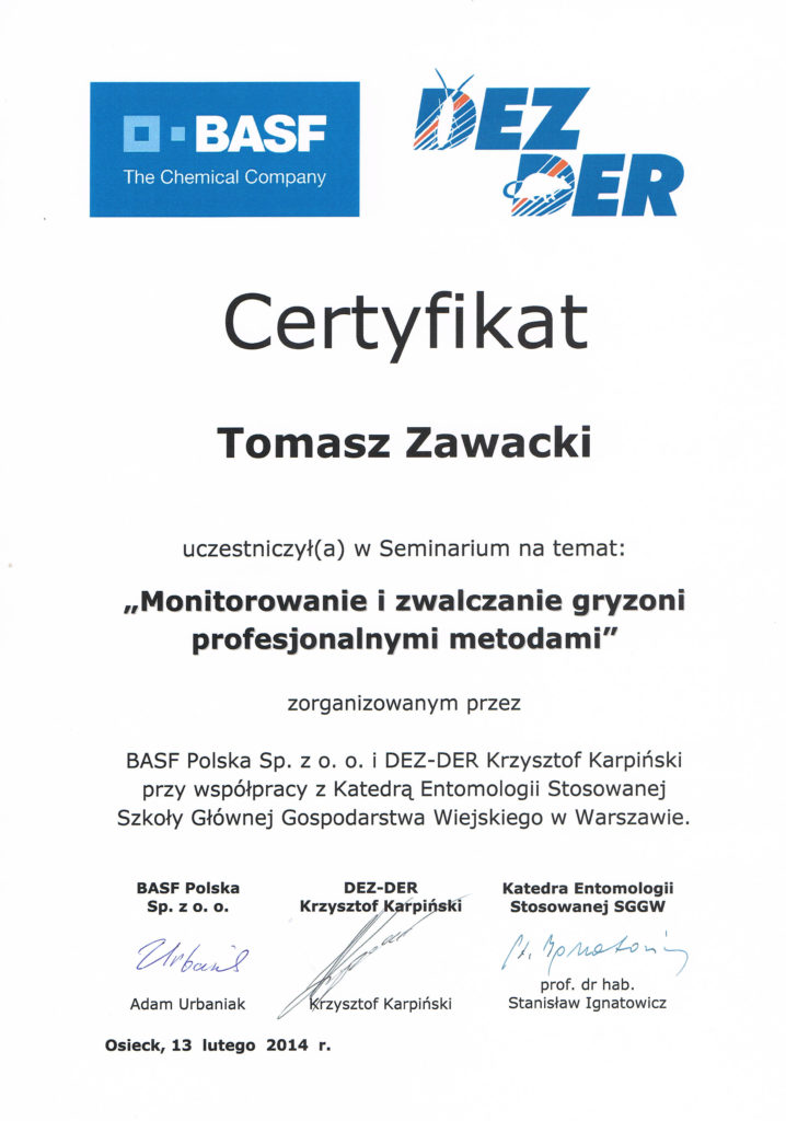 Certyfikat Monitorowanie i zwalczanie gryzoni profesjonalnymi metodami