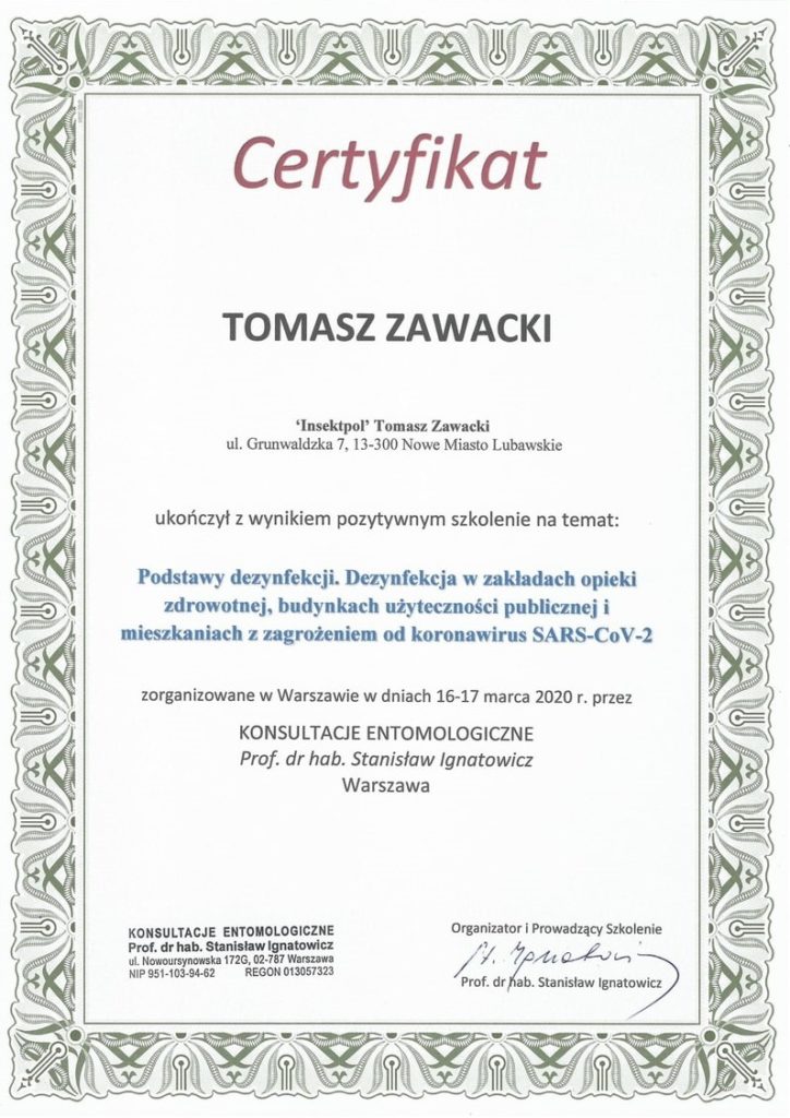 certyfikat dezynfekcja koronawirus 