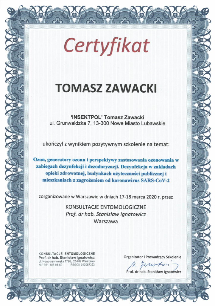 certyfikat ozonowanie koronawirus