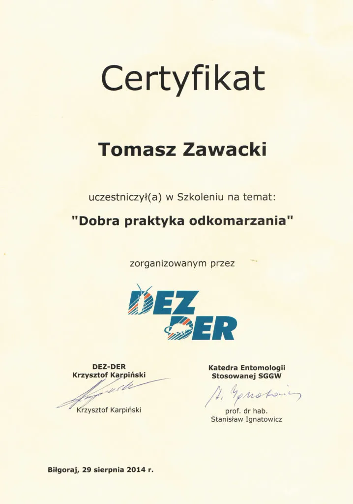 Certyfikat Dobra praktyka odkomarzania