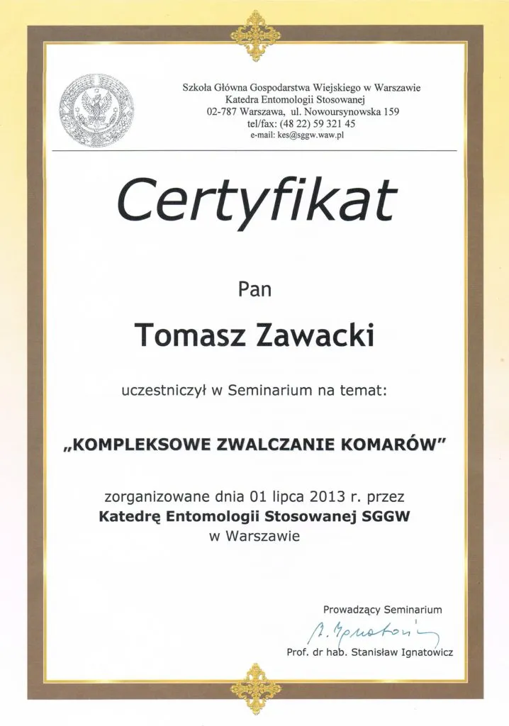 Certyfikat Kompleksowe zwalczanie komarów