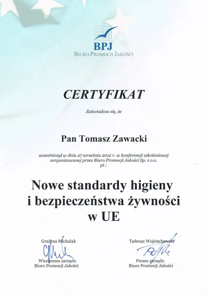 Certyfikat Nowe Standardy higieny i bezpieczeństwa żywności w UE