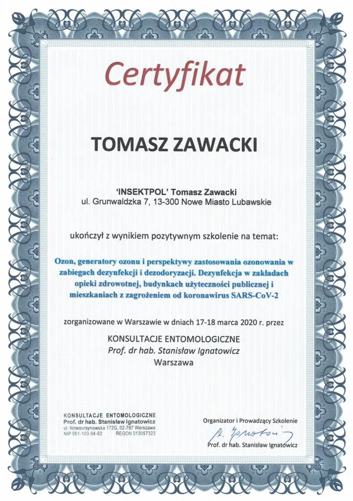Certyfikat Ozonowanie Dezynfekcja Koronawirus SARS-CoV-2