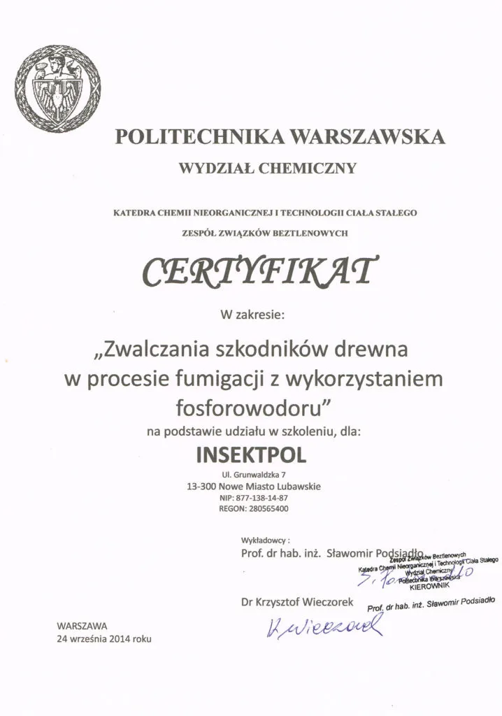 Zwalczanie szkodników drewna w procesie fumigacji z wykorzystaniem fosforowodoru